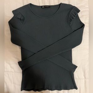 Zara Ribbed Long Sleeved Top with shoulder ruffle